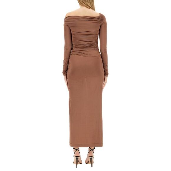 HELMUT LANG Asymmetrical Ruched Maxi Dress Women Beige Dresses - Picture 3 of 4